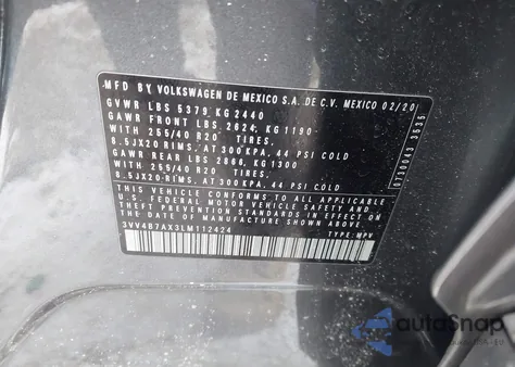 2020 Volkswagen Tiguan 2.0T Sel Premium R-Line z USA, uszkodzony, nr VIN 3VV4B7AX3LM112424